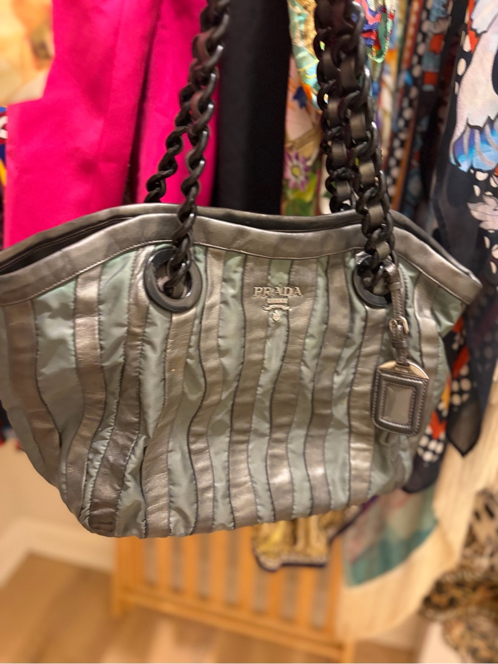 Prada Two-Tone Wavy Stripe Shoulder Bag in Sage Green and Gray